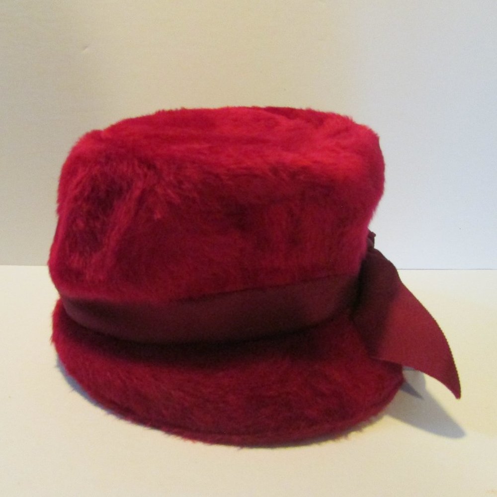 vintage women's magenta faux fur bucket hat with ribbon band and bow size 18 - Picture 3 of 7